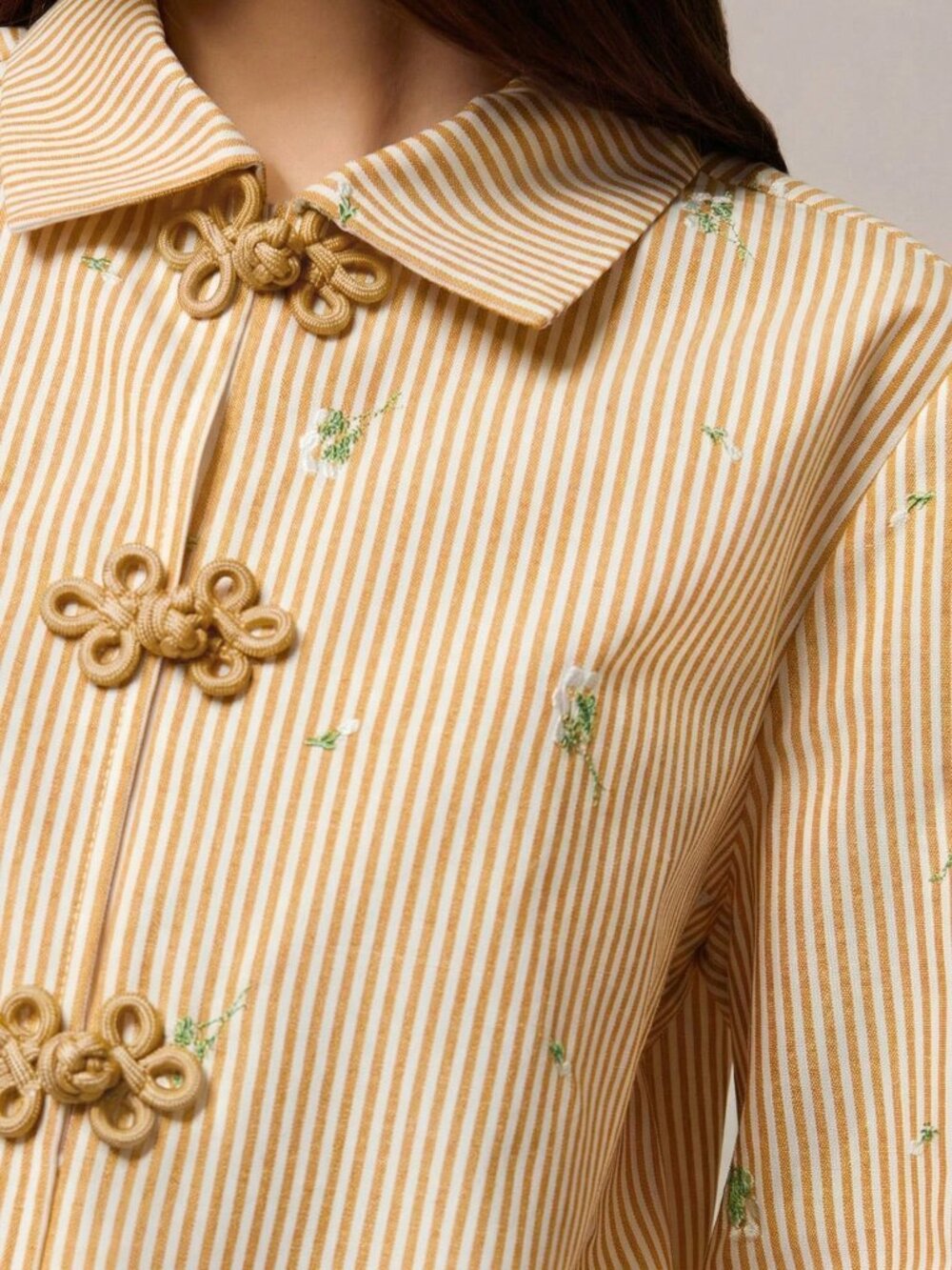 Yellow Casual Women's Blouse with Chinese Buttons, Striped & Floral Print - Picture 4 of 6